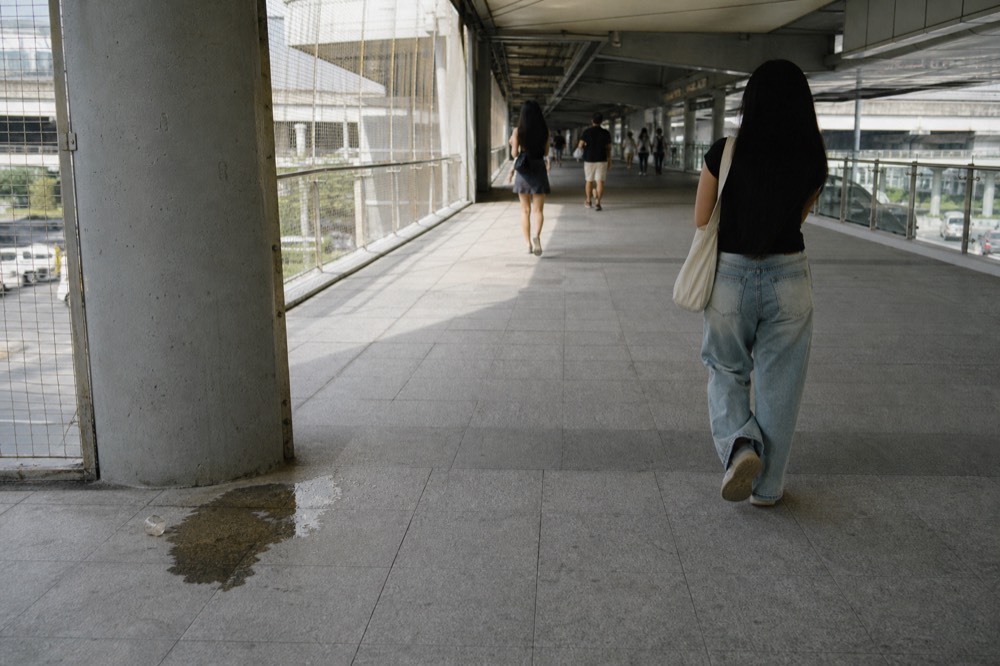 Elevated walkway connecting a skytrain station to a shopping mall entrance, no text, no logos, no people.
